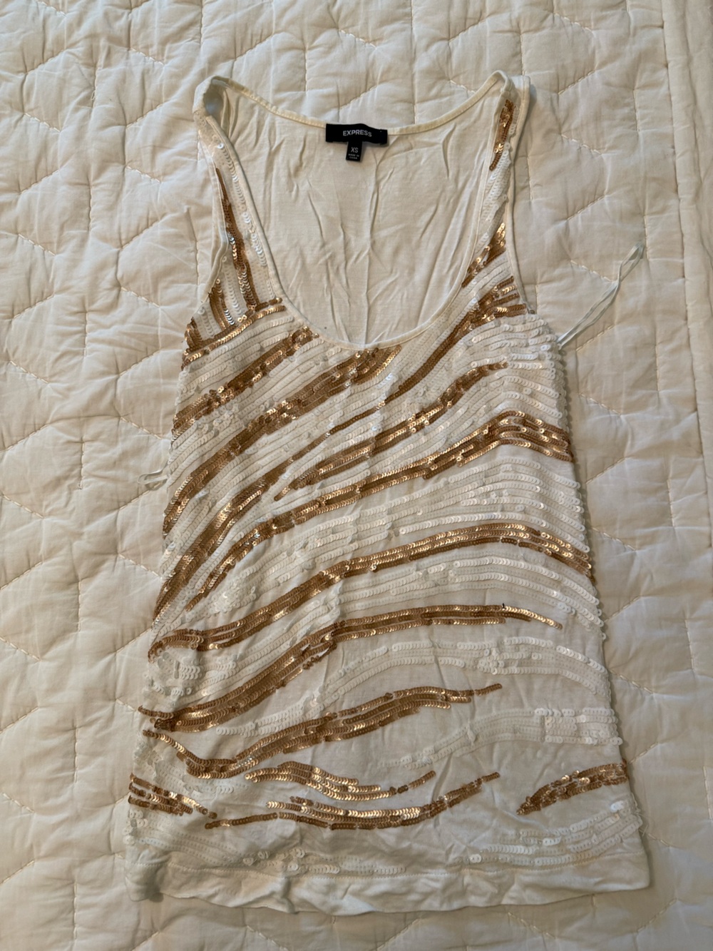 Express White Tank Top with Gold Sequin Stripes